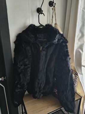Women's Black 100% Full Rabbit Fur Teddy Jacket with Zip